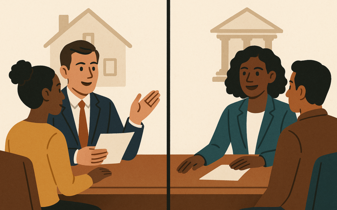 à gauche, un courtier immobilier discute avec une cliente devant une silhouette de maison; à droite, une courtière hypothécaire échange avec un client devant une silhouette de bâtiment bancaire.