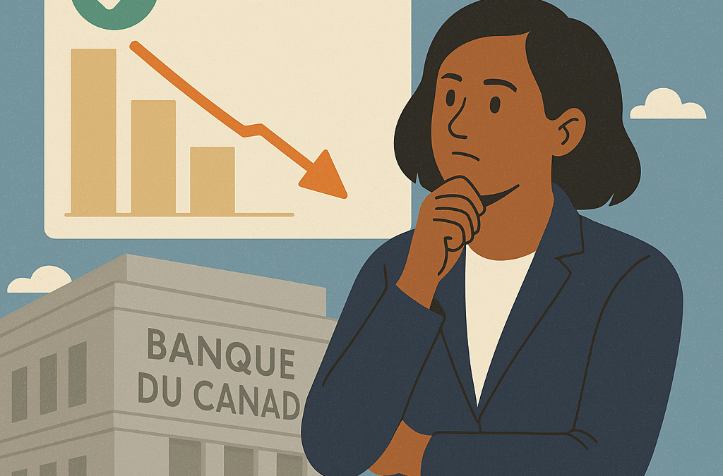 femme professionnelle devant la Banque du Canada, analysant un graphique d’inflation à la baisse. stabilité, réflexion stratégique évolution positive du contexte économique canadien.