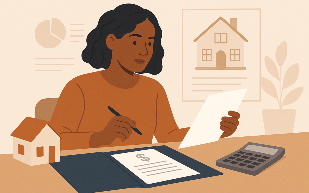 Femme révisant des documents hypothécaires à son bureau, avec une maison miniature et une calculatrice.