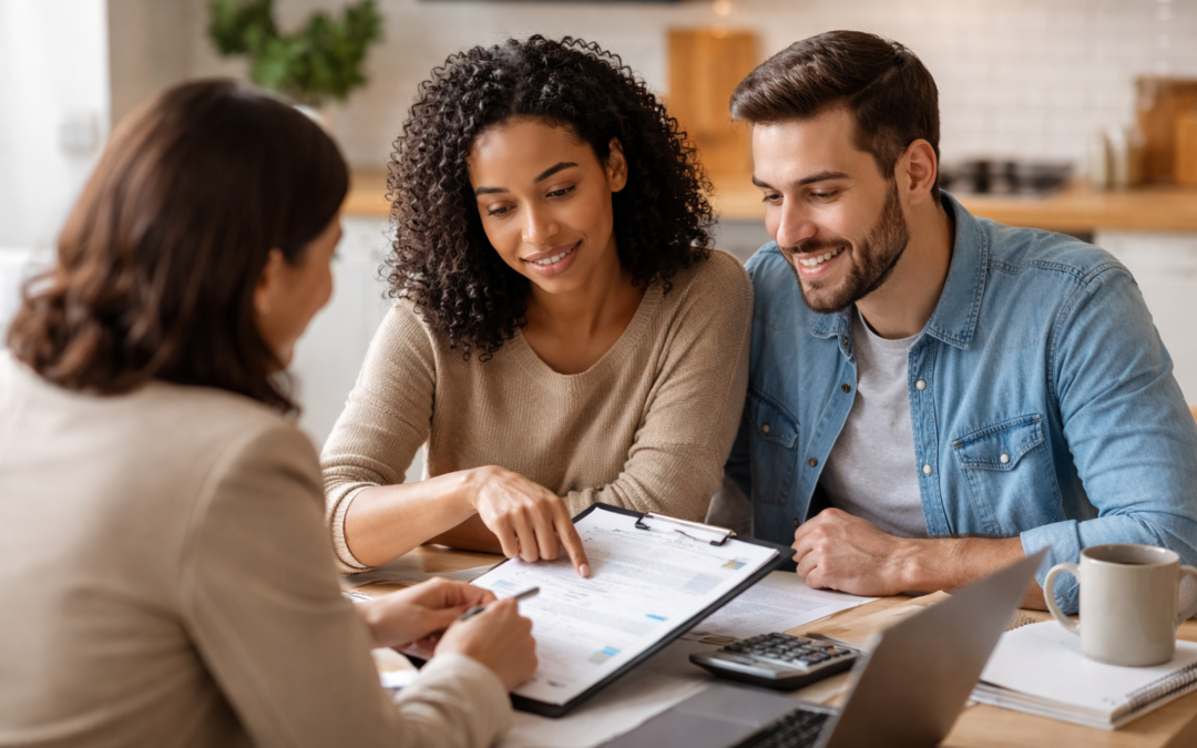 Young couple discussing with a mortgage broker at a kitchen table, examining real estate loan documents with a laptop and calculator on the table