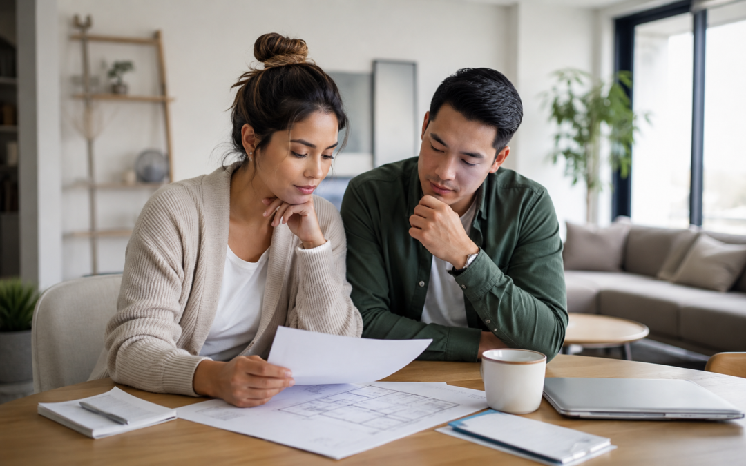 Jeune couple analysant des documents liés à l'achat d'une première maison dans un environnement résidentiel moderne.